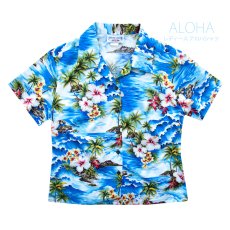 画像1: レディース アロハシャツ アメリカ・ハワイ製（オーシャンブルー）/Aloha Shirt(Women's) (1)