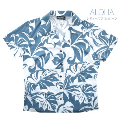 画像1: 女性用 アロハシャツ アメリカ・ハワイ製（ホワイト・ブルー）S/Aloha Shirt(Women's)