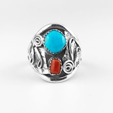 画像2: ネイティブアメリカン ナバホ族 ハンドメイド スターリングシルバー ターコイズ コーラル リング 24号/Native American Navajo Handmade Sterling Silver Turquoise Coral Ring (2)