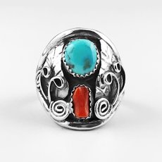 画像2: ネイティブアメリカン ナバホ族 ハンドメイド スターリングシルバー ターコイズ コーラル リング 21.5号/Native American Navajo Handmade Sterling Silver Turquoise Coral Ring (2)