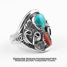 画像1: ネイティブアメリカン ナバホ族 ハンドメイド スターリングシルバー ターコイズ コーラル リング 21.5号/Native American Navajo Handmade Sterling Silver Turquoise Coral Ring (1)
