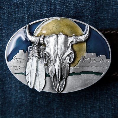 画像1: バッファロースカル&フェザー ネイティブ サウスウエスト ベルト バックル/Buffalo Skull&Feathers Belt Buckle