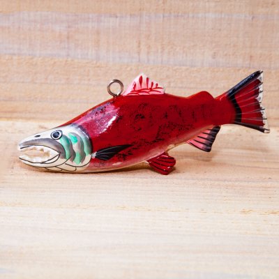 画像1: ベニザケ ソッカイ サーモン ハンドペイント 木製 フィッシュ オーナメント 置物/Spawning Sockeye Salmon Ornament