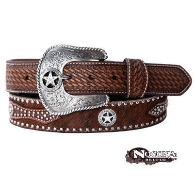 画像1: ノコナ プロシリーズ スター カーフヘアー ブラウンレザーオーバレイ ウエスタン レザー ベルト/Nocona Calf Hair Lone Star Conchos Western Belt