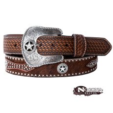 画像1: ノコナ プロシリーズ スター カーフヘアー ブラウンレザーオーバレイ ウエスタン レザー ベルト/Nocona Calf Hair Lone Star Conchos Western Belt (1)