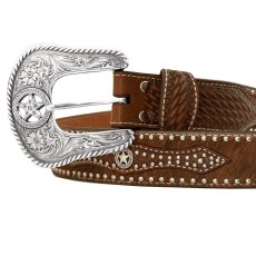 画像2: ノコナ プロシリーズ スター カーフヘアー ブラウンレザーオーバレイ ウエスタン レザー ベルト/Nocona Calf Hair Lone Star Conchos Western Belt (2)