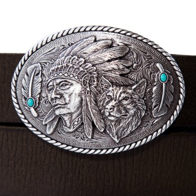 画像2: アリアット インディアンチーフ・ウルフ・フェザー クラシックストラップ ウエスタン レザー ベルト（ブラウン）/Ariat Indian Chief Wolf  Feathers Buckle Western Belt(Brown)