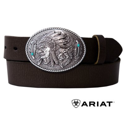 画像1: アリアット インディアンチーフ・ウルフ・フェザー クラシックストラップ ウエスタン レザー ベルト（ブラウン）/Ariat Indian Chief Wolf  Feathers Buckle Western Belt(Brown)