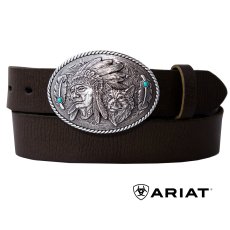 画像1: アリアット インディアンチーフ・ウルフ・フェザー クラシックストラップ ウエスタン レザー ベルト（ブラウン）/Ariat Indian Chief Wolf  Feathers Buckle Western Belt(Brown) (1)