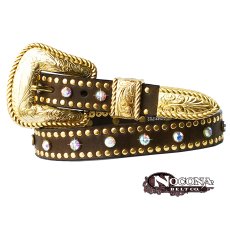 画像1: ノコナ ラインストーン ゴールドネイルヘッド 3ピース レザー ベルト（ブラウン）S/Nocona 1” Gold Nailhead and Rhinestone 3 Piece Leather Belt(Brown) (1)
