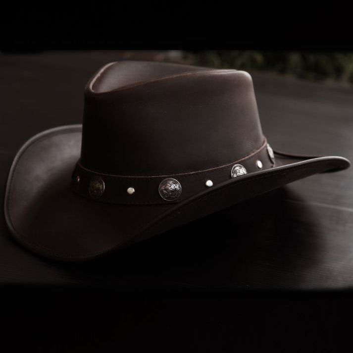 画像1: オイルバッファローレザー レザーバンド バッファローコンチョ アウトバック ハット（ブラウン）/Oiled Buffalo Hide Outback Hat(Brown) (1)