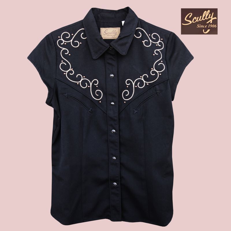 スカリー 刺繍 スクロール ウエスタン シャツ ブラック キャップスリーブ M/Scully Western Shirt(Women's)