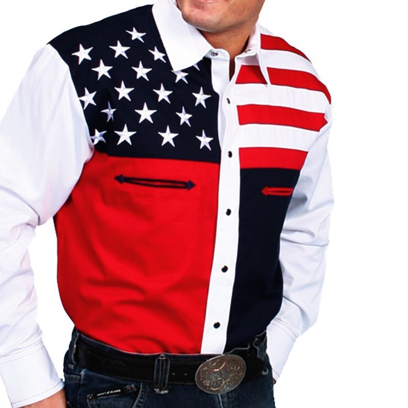 スカリー Usa 刺繍シャツ メンズ 長袖 アメリカンフラッグ Scully Long Sleeve Western Shirt 長袖シャツ