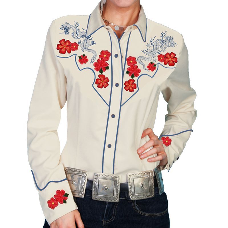 スカリー 刺繍 ウエスタン シャツ（長袖/クリーム・赤い花）M/Scully 