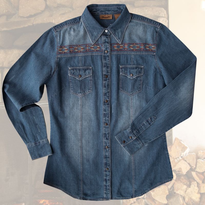 ラングラー ウエスタン 刺繍 デニム シャツ 長袖 レディース Wrangler Long Sleeve Western Denim Shirt Women S レディースウェア