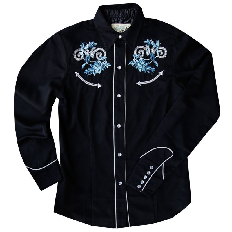 ローパー 刺繍 ウエスタンシャツ ブラック・ブルーローズ（長袖/レディース）/Roper Long Sleeve Western Shirt