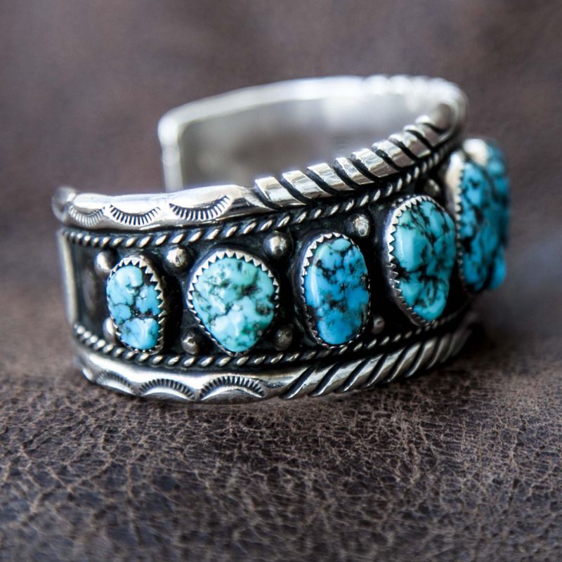 ナバホ スターリングシルバーターコイズ ハンドメイド ビンテージ ブレスレット ROANHORSE Navajo Sterling Silver  Turquoise Vintage Bracelet ブレスレット・マネークリップ・ライター