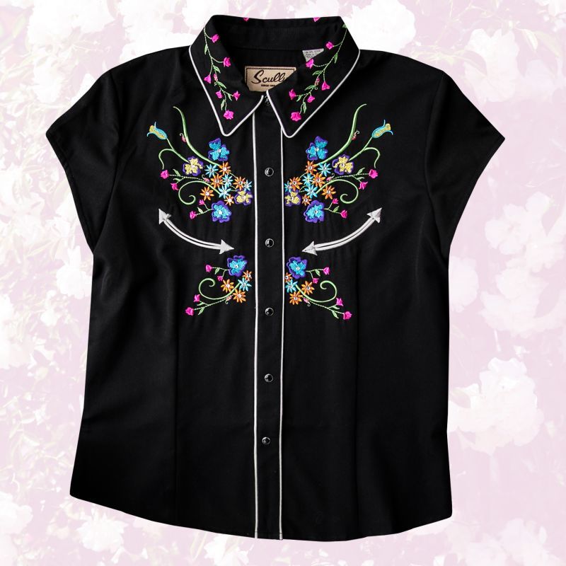 スカリー ラインストーン・フローラル刺繍 ウエスタンシャツ ブラック キャップスリーブM/Scully Western Shirt(Women