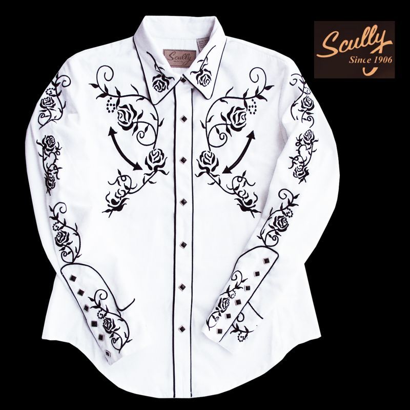 スカリー 刺繍 ウエスタン シャツ（長袖/ホワイト ブラック・ローズ 