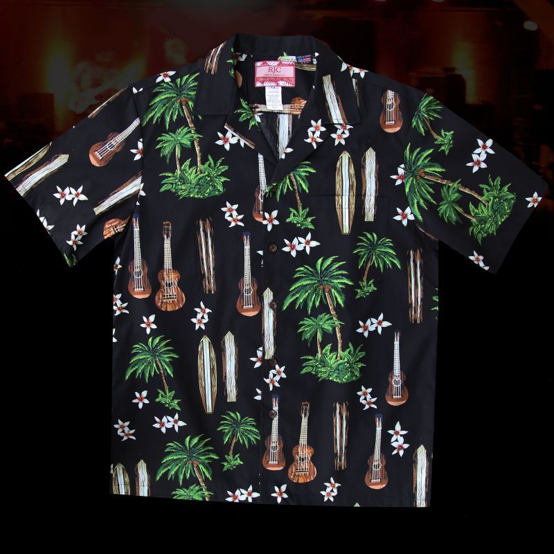 Rjc ロバート J クランシー アロハシャツ ウクレレ パームツリー サーフボード ブラック Rjc Robert J Clancey Aloha Shirt 半袖シャツ Tシャツ