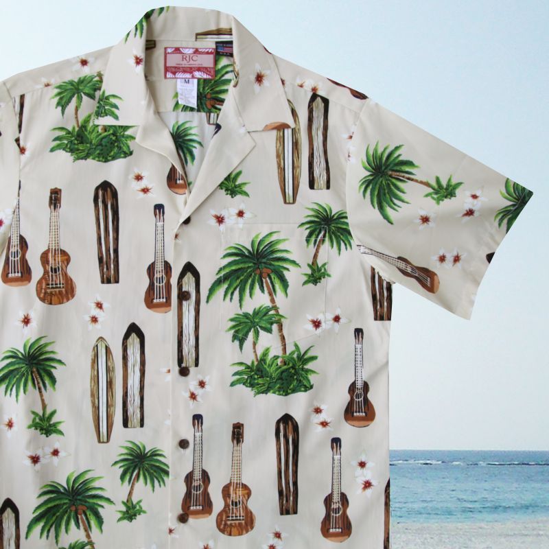 Rjc ロバート J クランシー アロハシャツ ウクレレ パームツリー サーフボード アイボリー Rjc Robert J Clancey Aloha Shirt 半袖シャツ Tシャツ