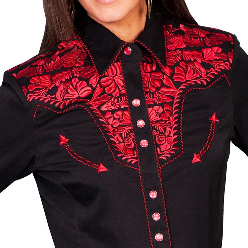 スカリー 刺繍 ウエスタン シャツ（長袖/ブラック・クリムゾン）/Scully Long Sleeve Western Shirt(Women