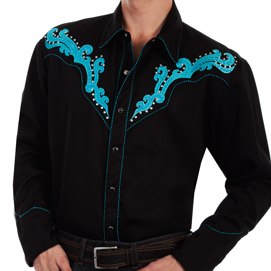 画像1: スカリー スクロール刺繍・メタルスタッズ・キャンディケイン ウエスタン シャツ（長袖/ブラック・ターコイズ）/Scully Long Sleeve Embroidered Western Shirt(Men's) (1)