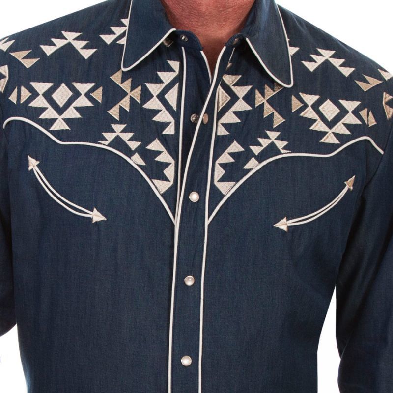 スカリー アズテック刺繍 ウエスタン シャツ（長袖/デニム）/Scully Long Sleeve Embroidered Western