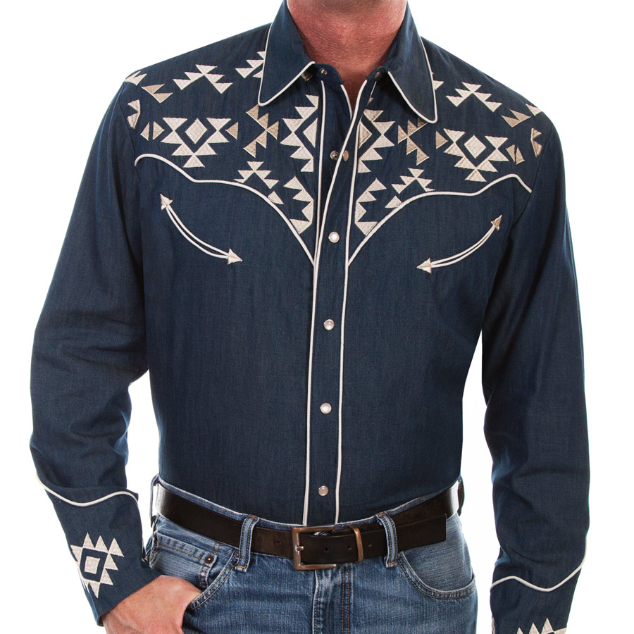 画像1: スカリー アズテック刺繍 ウエスタン シャツ（長袖/デニム）/Scully Long Sleeve Embroidered Western Shirt(Men's) (1)
