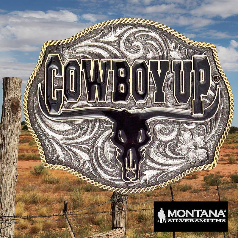 画像1: モンタナシルバースミス カウボーイアップ ロングホーン スカル ベルト バックル/Montana Silversmiths Cowboy Up Longhorn Skull Belt Buckle (1)