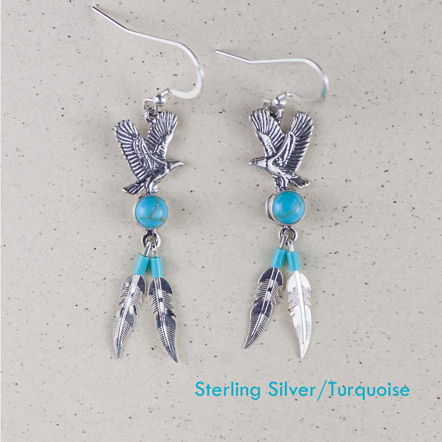 画像1: イーグル&フェザー スターリングシルバー・ターコイズ ピアス/Sterling Silver Turquoise Pierce Eagle&Feather (1)