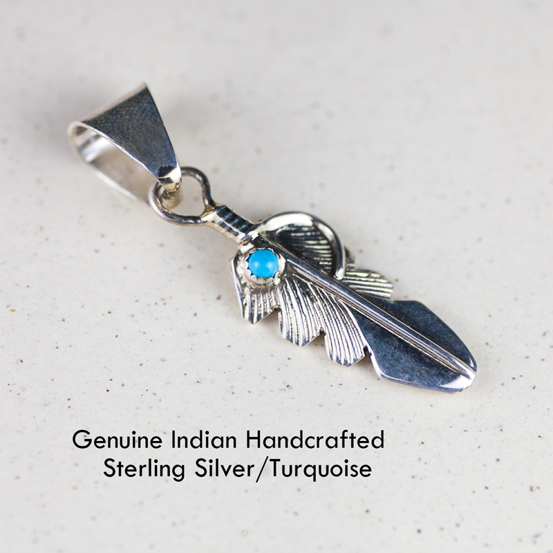 ナバホ インディアン ハンドメイド スターリングシルバー・ターコイズ フェザー ペンダント トップ/Navajo Sterling Silver Turquoise Pendant Feather