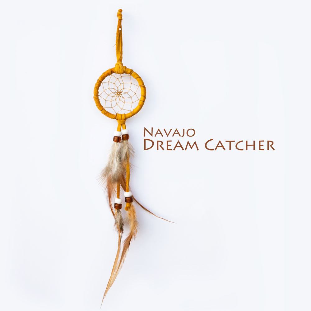 アメリカインディアン ナバホ族 鹿革製 ハンドメイド ドリームキャッチャー 6cm タン ホワイト アンバー Navajo Hand Made Dream Catcher ウォールデコ