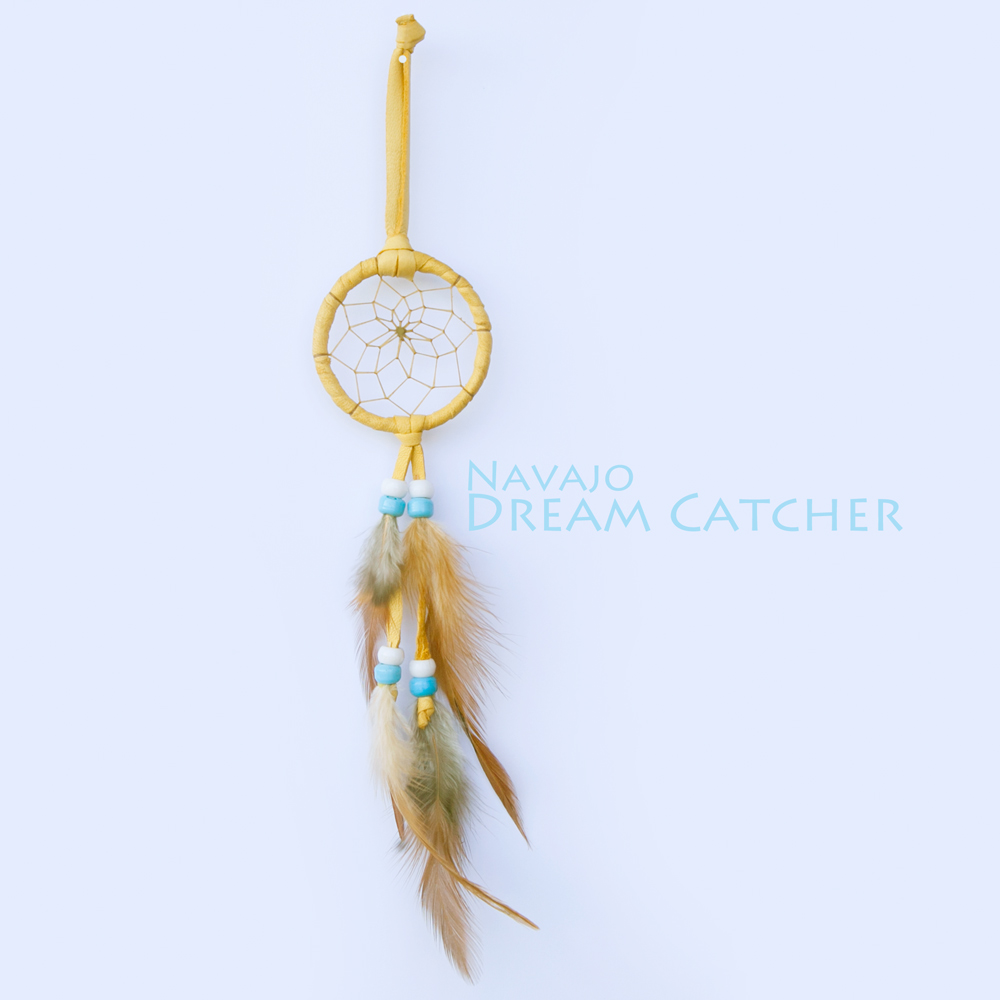 アメリカインディアン ナバホ族 鹿革製 ハンドメイド ドリームキャッチャー 6cm タン ホワイト ライトブルー Navajo Hand Made Dream Catcher ウォールデコ