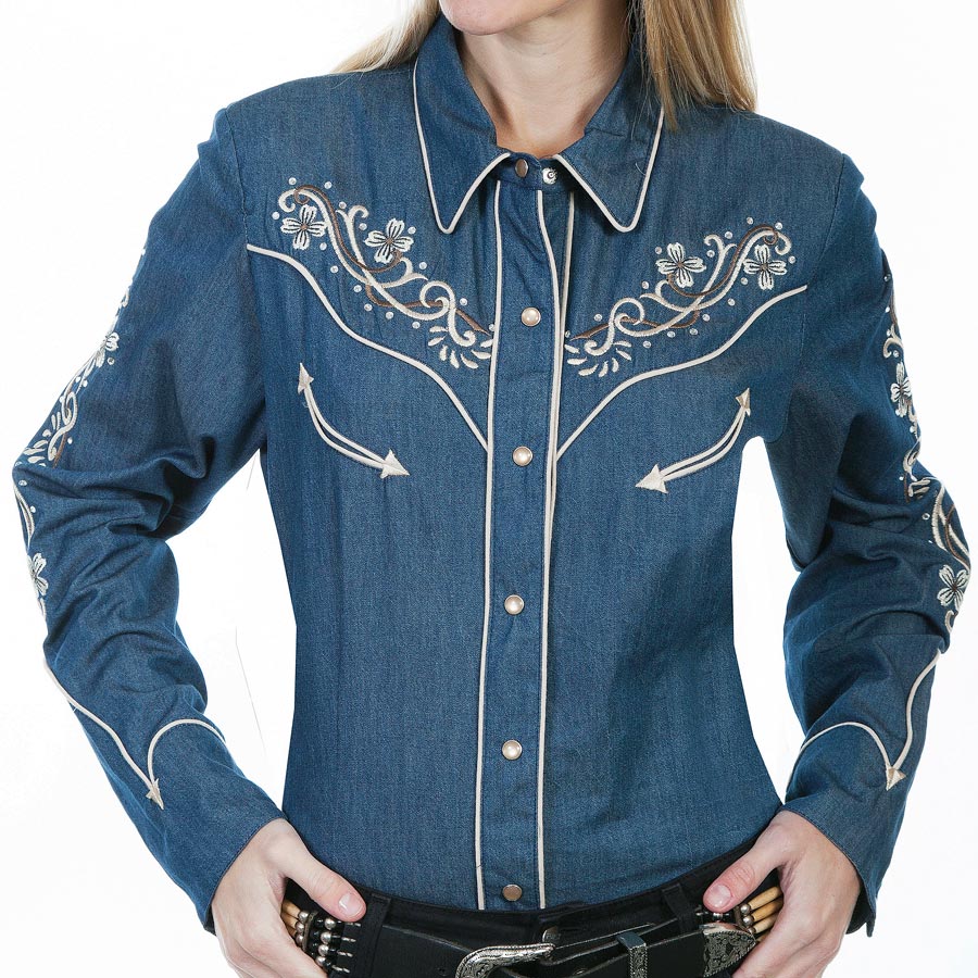 画像1: スカリー フローラル刺繍 ラインストーン ウエスタン シャツ（長袖/デニム）/Scully Long Sleeve Western Shirt(Women's) (1)