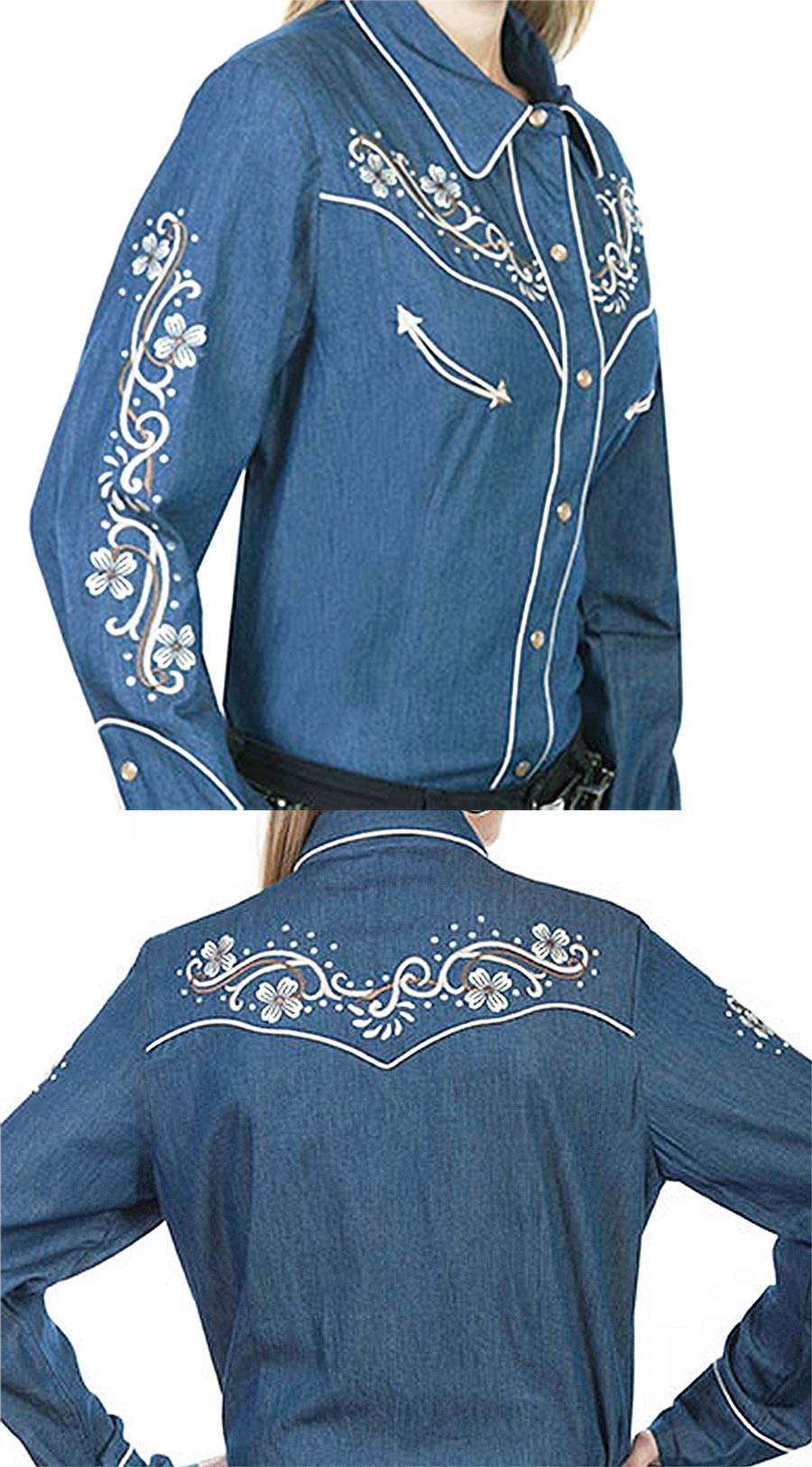 スカリー フローラル刺繍 ラインストーン ウエスタン シャツ（長袖/デニム）/Scully Long Sleeve Western Shirt