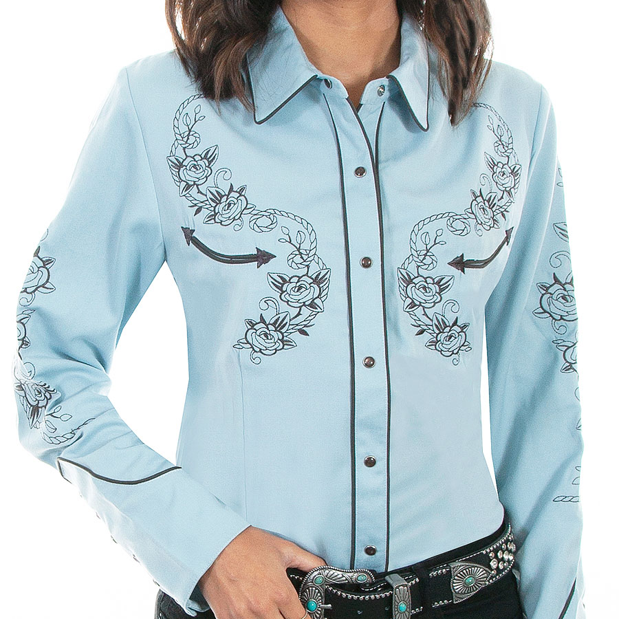 スカリー ロープ&ローズ 刺繍 ウエスタン シャツ（長袖/ライトブルー）M/Scully Long Sleeve Western Shirt