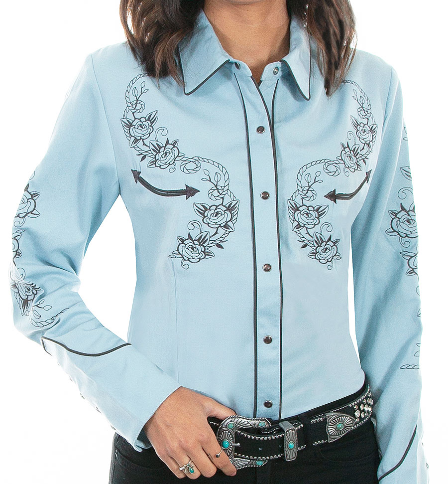 スカリー ロープ&ローズ 刺繍 ウエスタン シャツ（長袖/ライトブルー）M/Scully Long Sleeve Western Shirt