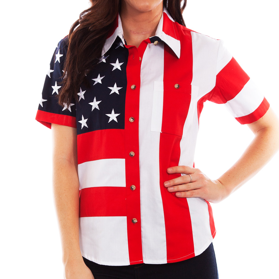 スカリー 刺繍スター☆ USA アメリカ国旗 シャツ（半袖/アメリカンフラッグ）/Scully Western Shirt(Women's)