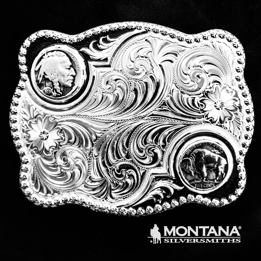 画像1: モンタナシルバースミス インディアン&バッファロー ベルト バックル/Montana Silversmiths Buffalo Nickel Flourish Belt Buckle (1)