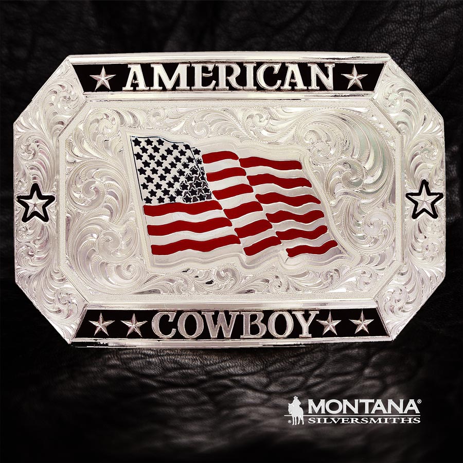 画像1: モンタナシルバースミス アメリカン カウボーイ フラッグ ベルト バックル/Montana Silversmiths American Cowboy Flag Belt Buckle (1)