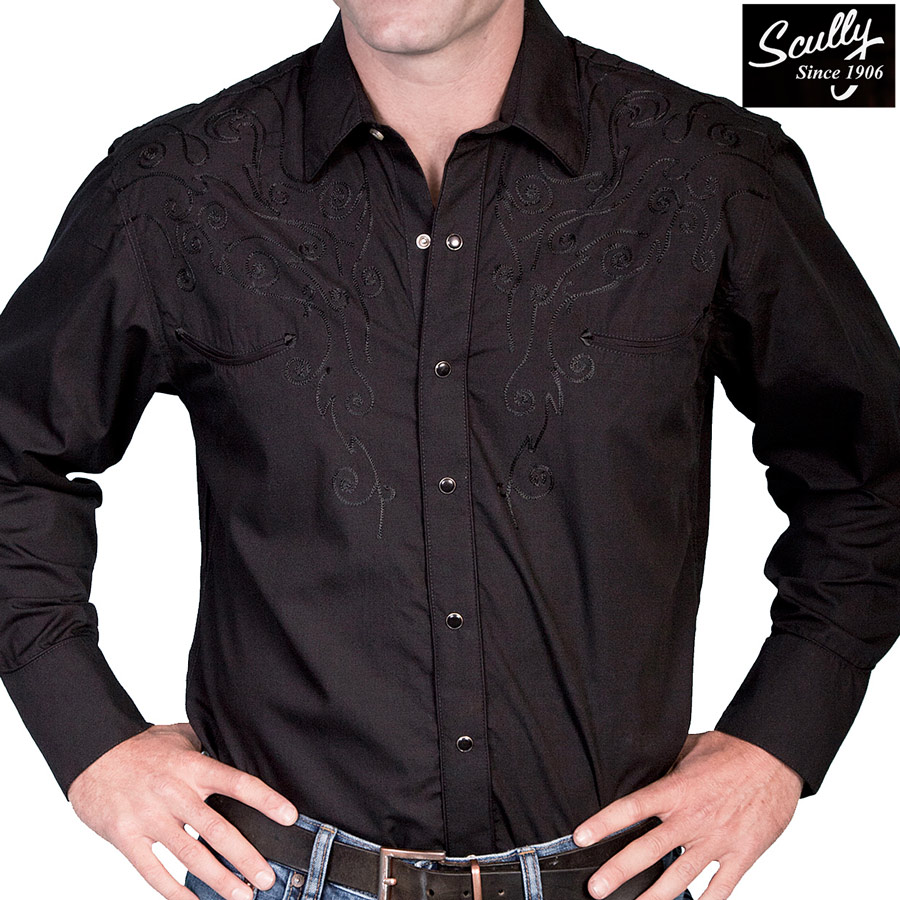 画像1: スカリー スナップフロント 刺繍 ウエスタン シャツ（長袖/ブラック・フロント&バック刺繍）/Scully Long Sleeve Embroidered Snap Front Shirt(Men's) (1)