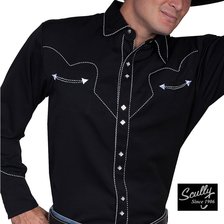 画像1: スカリー ウエスタン シャツ（長袖/ブラック・ホワイトキャンディケインパイピング）/Scully Long Sleeve Western Shirt(Men's) (1)