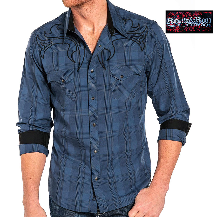 画像1: ロックンロール カウボーイ 刺繍 ウエスタンシャツ ネイビー（長袖）/Panhandle Slim Long Sleeve Western Shirt (1)