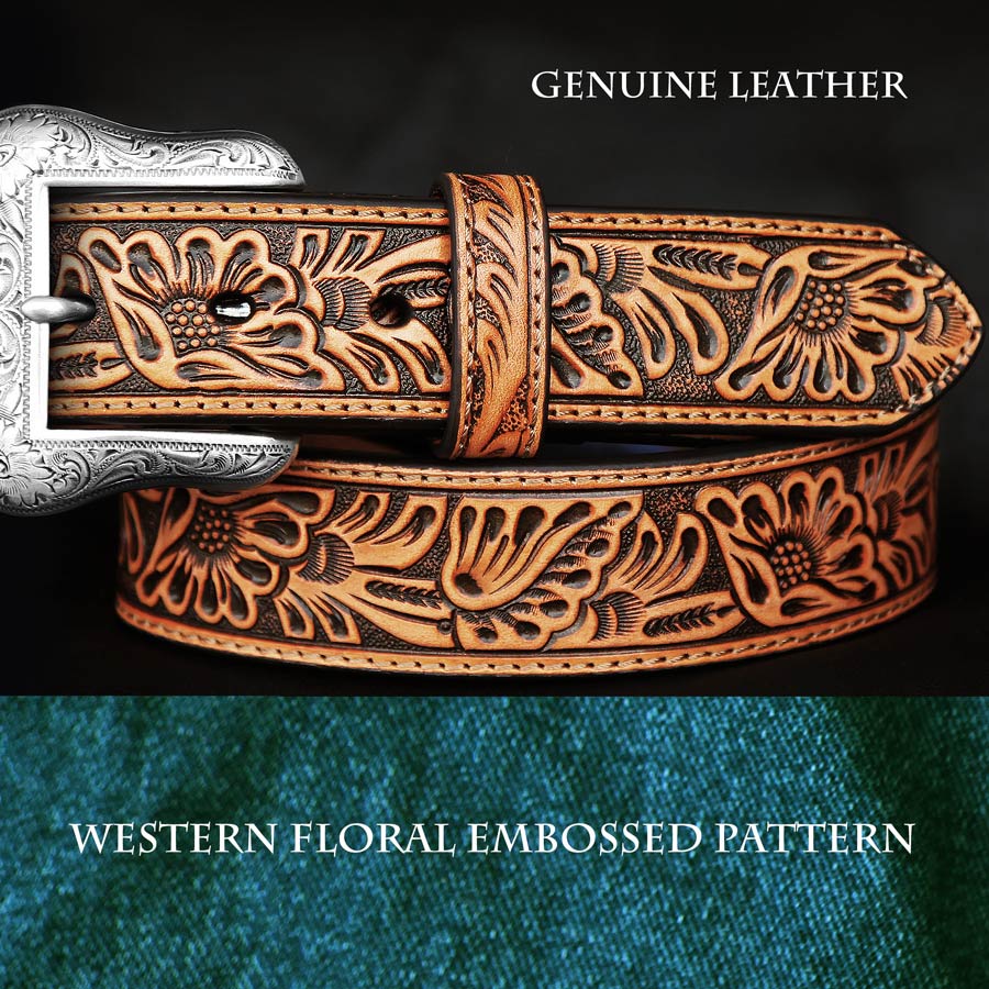 画像1: ウエスタン フローラル レザーベルト（タン）/Western Floral Embossed Leather Belt(Tan) (1)