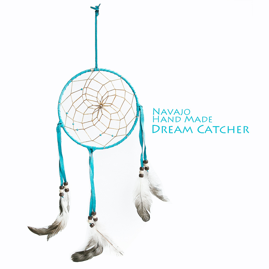 画像1: アメリカインディアン ナバホ族 鹿革製 ハンドメイド ドリームキャッチャー 15.3cm（ターコイズ/ブラウン・ベージュ・ブラウン）/Navajo Hand Made Dream Catcher (1)