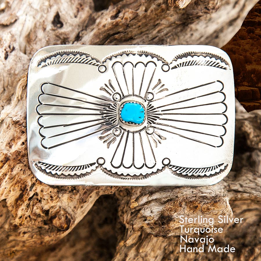 画像1: ナバホ ハンドメイド バックル  スターリングシルバー&ターコイズ/Navajo Sterling Silver Turquoise Buckle (1)