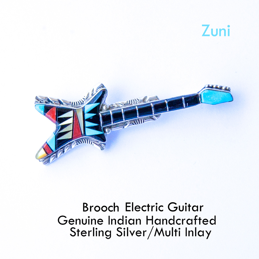 画像1: ロック ギター エレクトリックギター ブローチ・アメリカインディアン ズニ族 925シルバー&マルチインレイ/Zuni Multi Inlay Guitar Brooch (1)