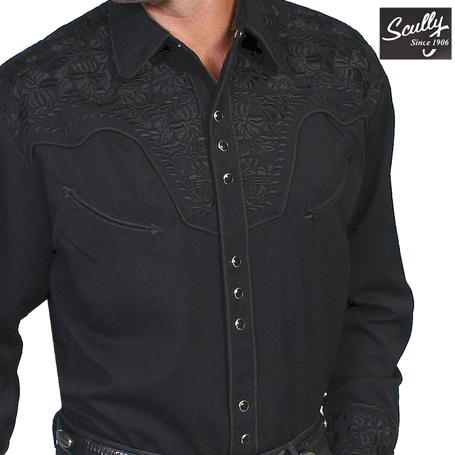 画像1: スカリー ブラック&ブラック刺繍 ウエスタン シャツ（長袖/ブラック）/Scully Long Sleeve Embroidered Western Shirt(Men's) (1)