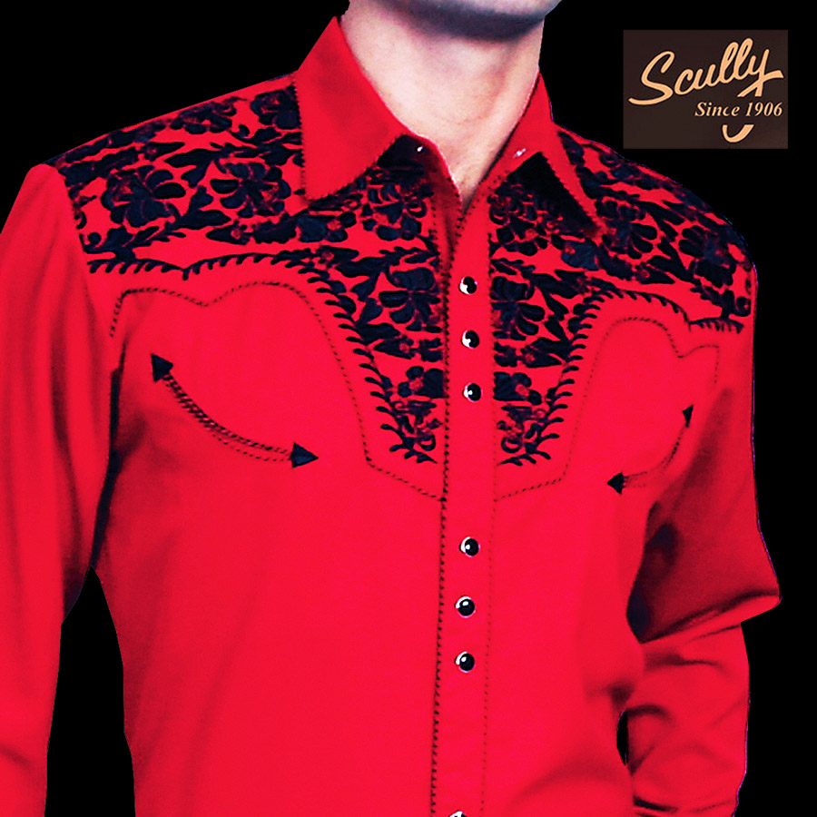 画像1: スカリー ウエスタン 刺繍 シャツ（長袖/レッド・ブラック）/Scully Long Sleeve Embroidered Western Shirt(Men's) (1)